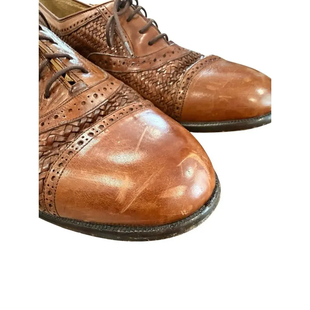 Mezlan Men's Woven Brown Leather Cap Toe Oxford Dress Shoes Size 8W Weaved